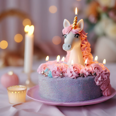 Birthday cake with unicorn and candles on blurred background, closeupの素材