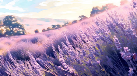 Lavender field at sunset. Illustration for your design.の素材