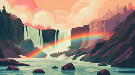 Waterfall with rainbow in the mountains. Vector illustration in a flat styleの素材