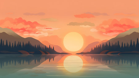 Sunset over the lake in the mountains. Vector illustration of a landscape.の素材