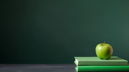 Green apple and books on blackboard background. Back to school conceptの素材