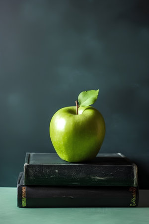 Green apple on a book against a dark background. Education concept.の素材