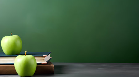 Green apple and books on blackboard background. Back to school conceptの素材