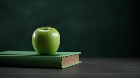Green apple on a book on a blackboard background with copy spaceの素材