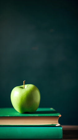 Green apple on books and blackboard background. Back to school conceptの素材