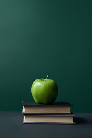 Green apple on a stack of books on a green chalkboard backgroundの素材