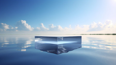 Illustration of a cube floating in the water on a sunny dayの素材