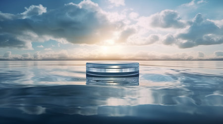 3d render of a glass jar on a water surface at sunsetの素材