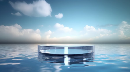 3d render of round podium on water surface with clouds in the backgroundの素材