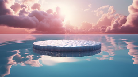 3d render of a round pedestal in the sea at sunsetの素材