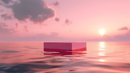 Conceptual 3D abstract sunset or sunrise background with clouds and seaの素材