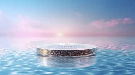 3d render of podium on water surface with pink sunset sky backgroundの素材