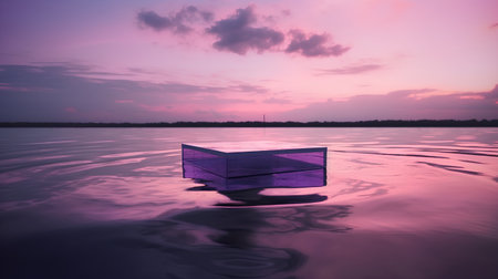 Wooden boat on the lake at sunset, pink and purple colorsの素材