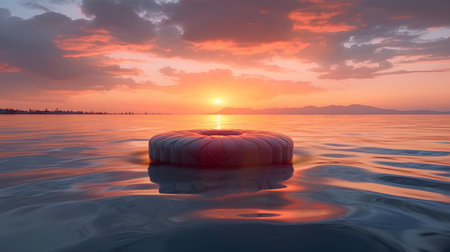 3d render of a lifebuoy floating in the ocean at sunsetの素材