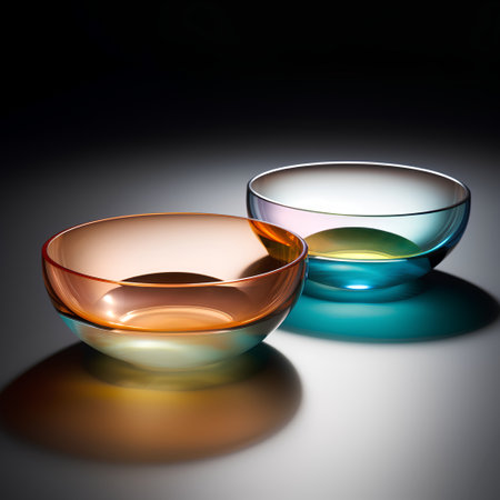 Colorful glass bowls on a dark background. 3d rendering.の素材