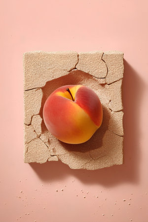 Creative food concept photo of peaches on cracked paper background.の素材