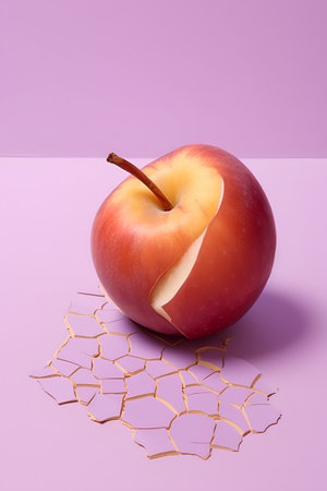 Red apple on a purple background with a golden line. The concept of healthy eatingの素材
