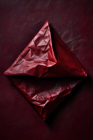 Crumpled red paper on a leather background. Toned.の素材