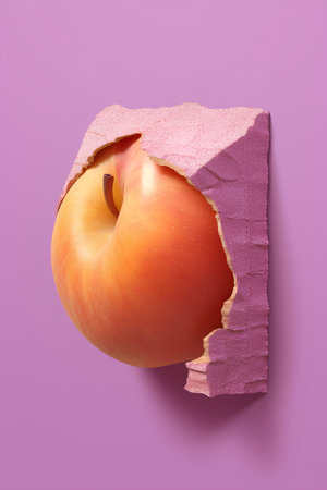 Creative layout made of torn paper with apricot isolated on purple background. Minimal food concept.の素材