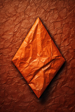 Orange crumpled paper on grunge wall. 3d illustrationの素材