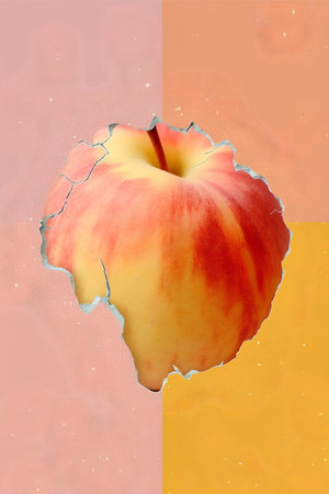 peach in the form of a torn paper on a colorful backgroundの素材