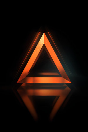 Abstract orange triangle on a black background. 3d render illustration.の素材