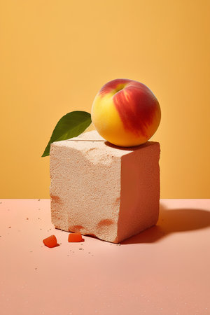 Concrete cube with peaches on orange background. 3d renderingの素材