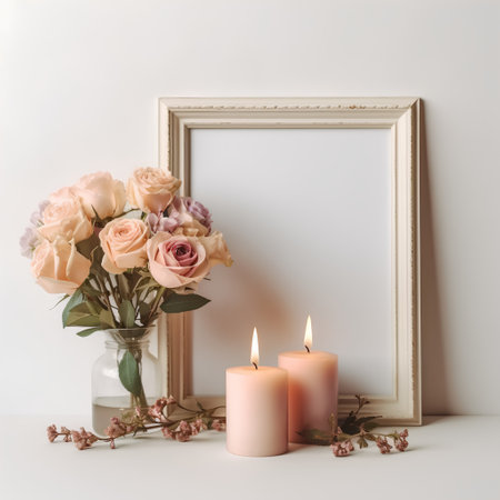 Photo frame mockup with rose flowers in vase and burning candles.の素材