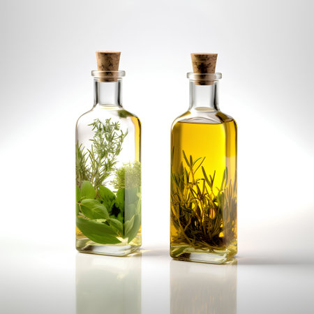 Olive oil in glass bottles with fresh herbs isolated on white background.の素材
