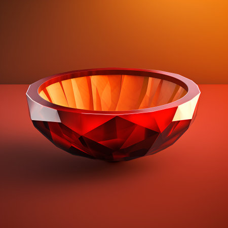 Red glass bowl isolated on orange background. 3d render illustration.の素材