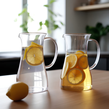 Lemonade in jug and glass on wooden table in kitchen.の素材