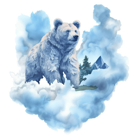 Watercolor illustration of a polar bear with a fish on a cloud.の素材