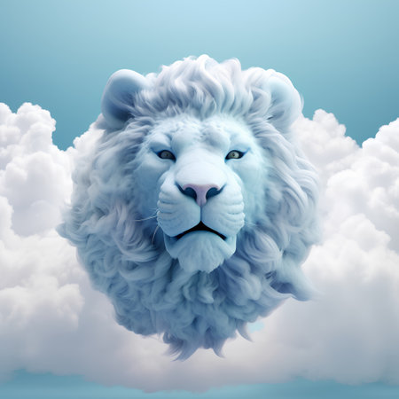Lion in the clouds as a symbol of hope and success as a 3D illustration.の素材