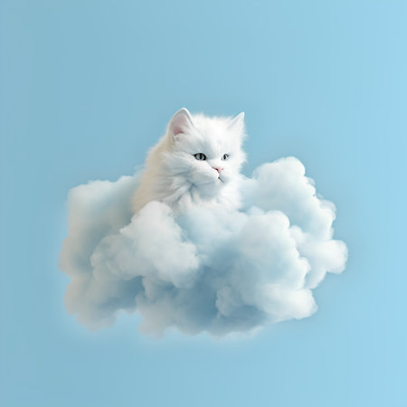 White fluffy cat sitting on a cloud, isolated on blue background.の素材
