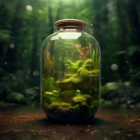 Glass jar with green plants inside in the forest. 3d renderingの素材