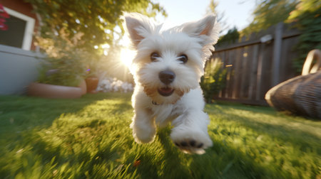 Cute West Highland White Terrier puppy running in the garden.の素材