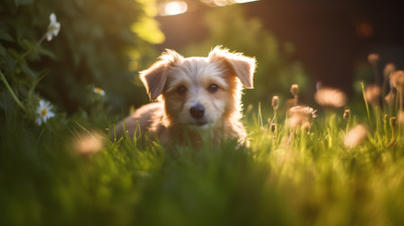 Portrait of a cute little dog lying in the grass at sunsetの素材