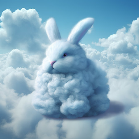 Cute fluffy Easter bunny in the clouds. 3D illustration.の素材