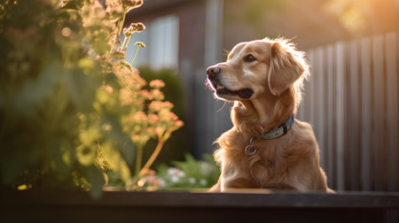 Cute Golden Retriever dog sitting on the windowsill at sunsetの素材