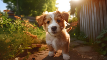 Cute puppy of welsh corgi in the garden at sunsetの素材
