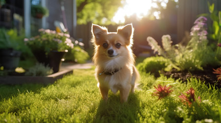 Cute chihuahua dog in the garden at sunset.の素材