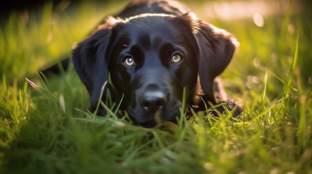 Portrait of a black labrador retriever lying in the grassの素材