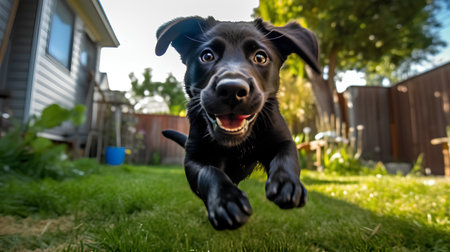 Portrait of a happy black Labrador Retriever puppy jumping in the gardenの素材