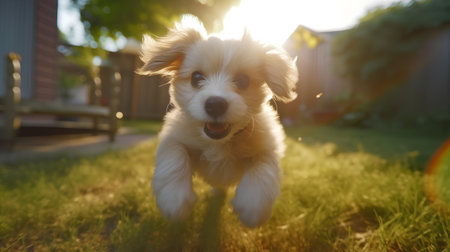 Cute little puppy running in the garden at sunset. Shallow depth of fieldの素材