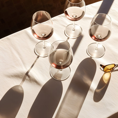 Glasses of red and white wine on a table in sunlight.の素材