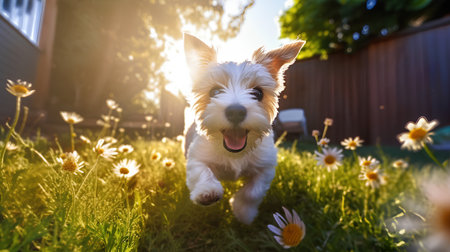 Yorkshire Terrier running on the grass in the garden at sunsetの素材