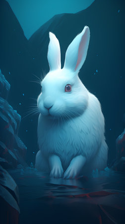 White rabbit in the sea. 3d rendering, 3d illustration.の素材