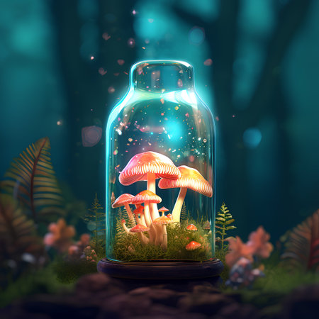 Fantasy glass jar with mushrooms in the forest. 3d renderingの素材