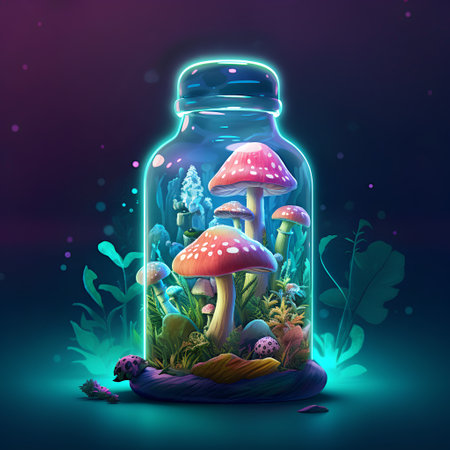 Magic mushrooms in a glass jar on a dark background. 3d illustrationの素材
