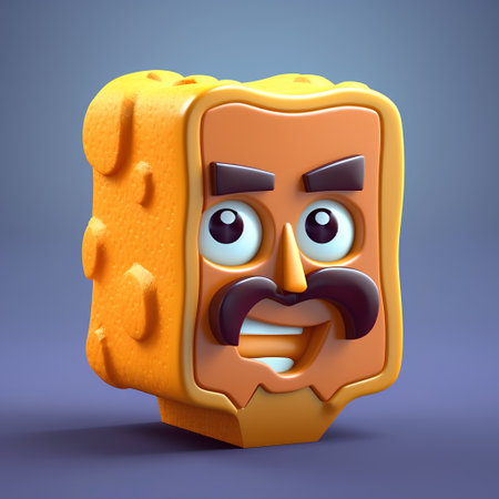 Funny orange sponge with face on blue background. 3D renderingの素材